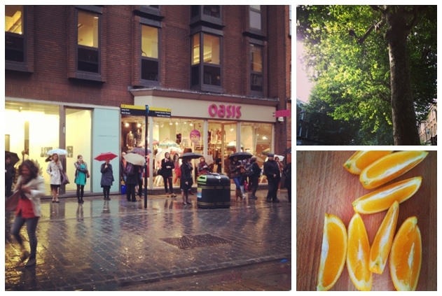 Line of umbrellas/Glowing tree/Snacking on oranges