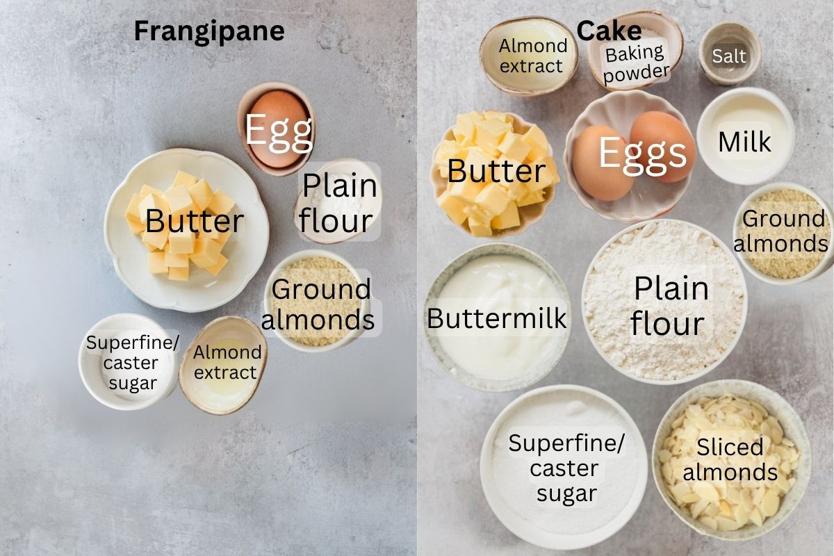 Ingredients for Almond Croissant Cake sit in a series of bowls and plates on a gray surface.