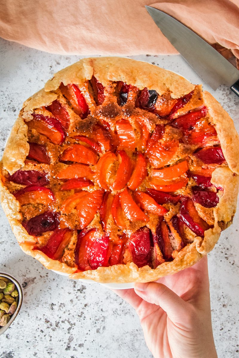 An apricot galette is held up above a light gray surface.