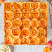 A sliced Austrian Apricot Cake sits on a gray surface.