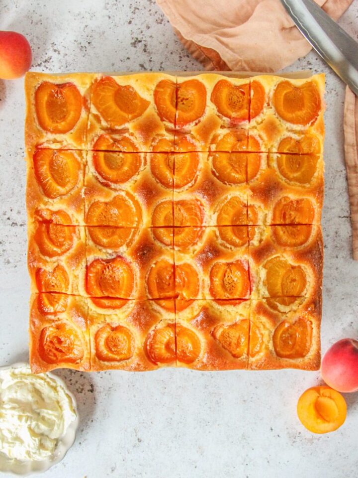 A sliced Austrian Apricot Cake sits on a gray surface.