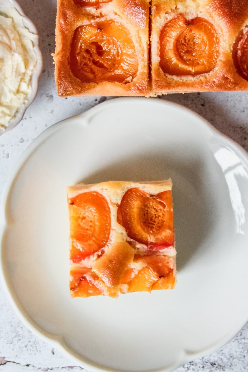 A slice of Austrian Apricot Cake sits on a white plate with the cake sitting nearby and whipped cream on a small ceramic plate on a light gray surface.