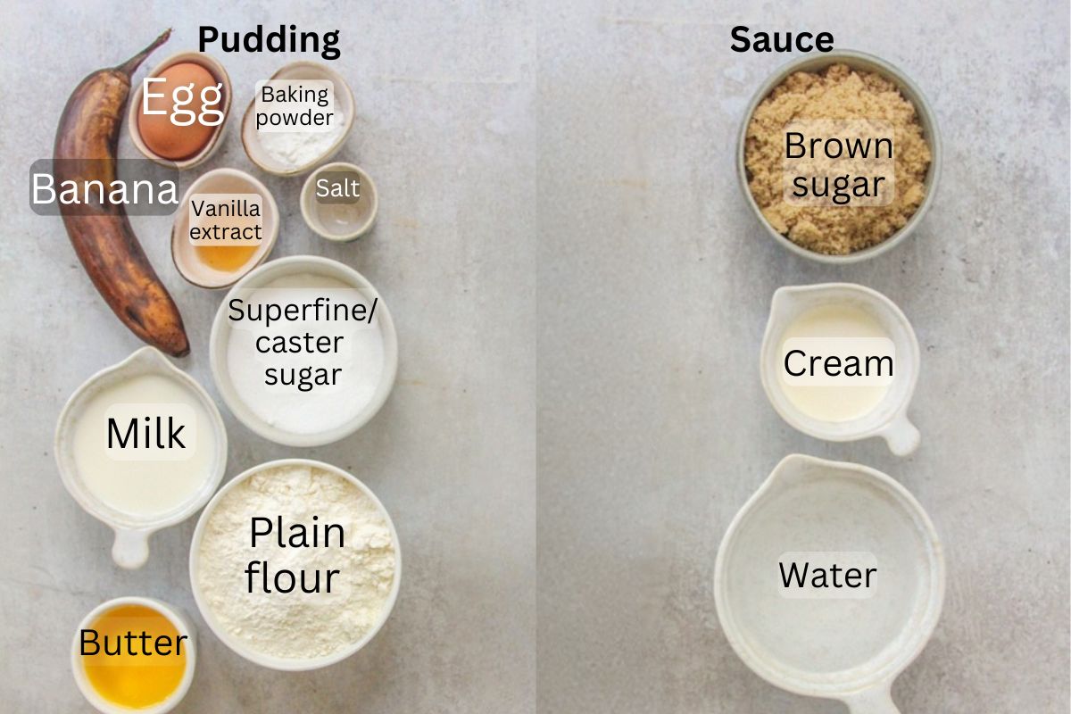 Ingredients for Banana Butterscotch Pudding sit on a gray surface.