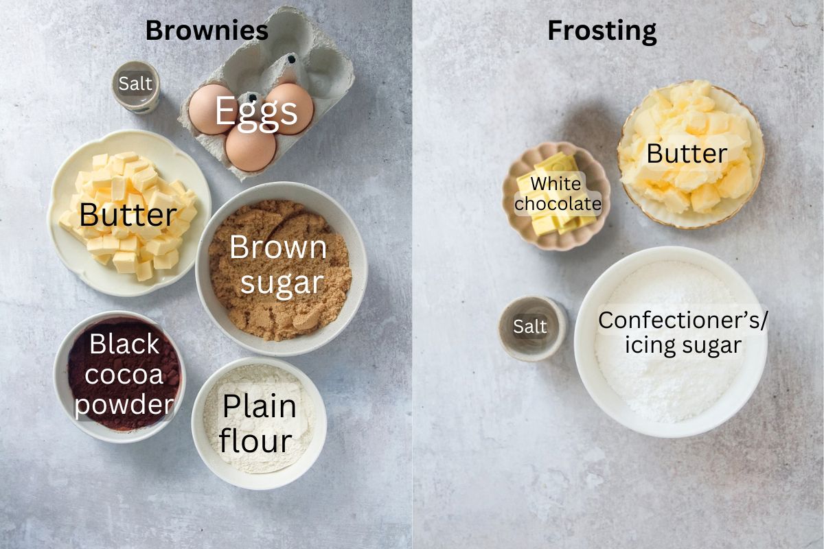 Ingredients for Black Cocoa Brownies sit on a gray surface.