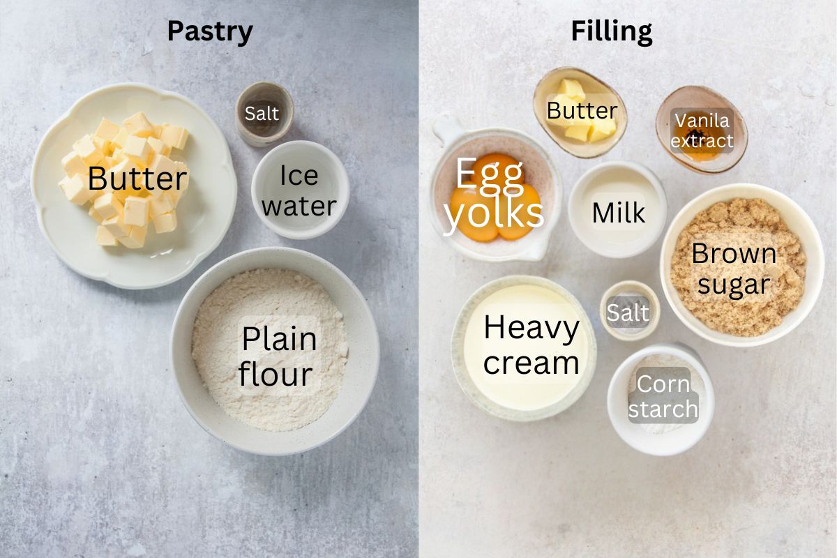 Ingredients for Butterscotch Pie sit in a series of bowls on a gray surface.