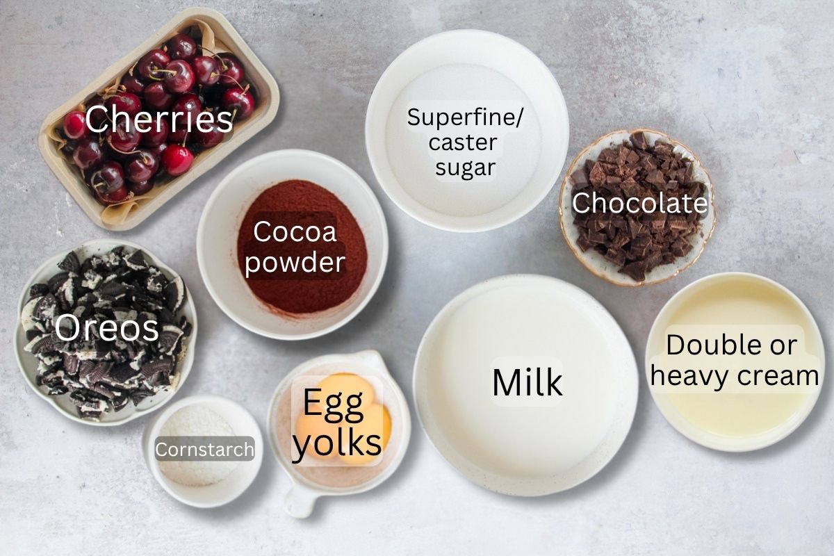 Ingredients for Cherry Chocolate Pie sit on a gray surface.