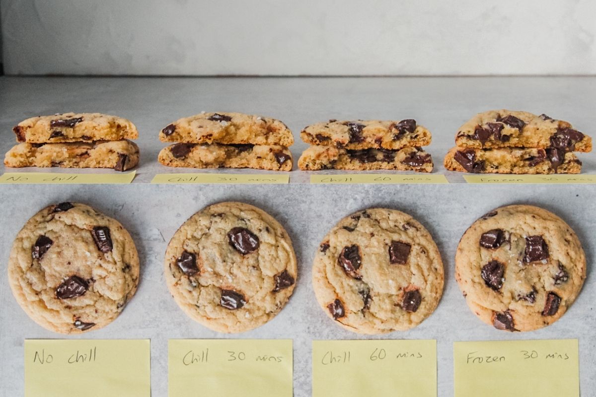 An overview of chilling versus no chill chocolate chunk cookie dough sit on a gray surface.