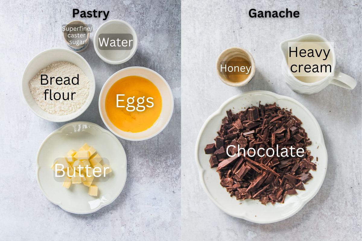 Ingredients for Choux pastry - cream puffs without a piping bag sit in a series of bowls and plates on a gray surface.