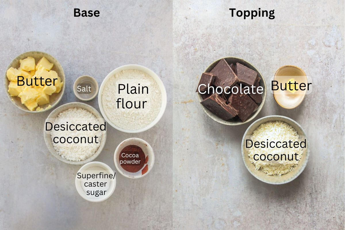 Ingredients for Coconut Rough Slice sit in a series of bowls and plates on a gray surface.