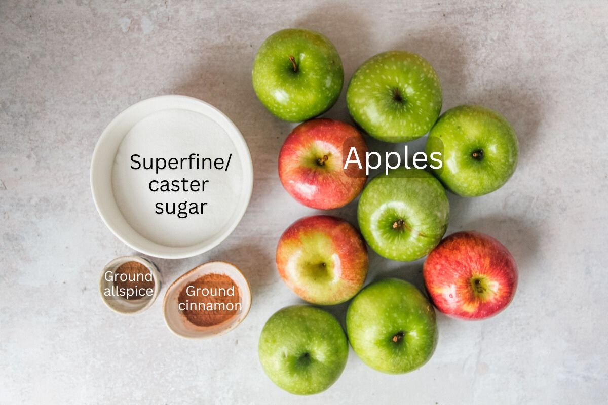 Ingredients for homemade apple cider sit in a variety of bowls on a gray surface.