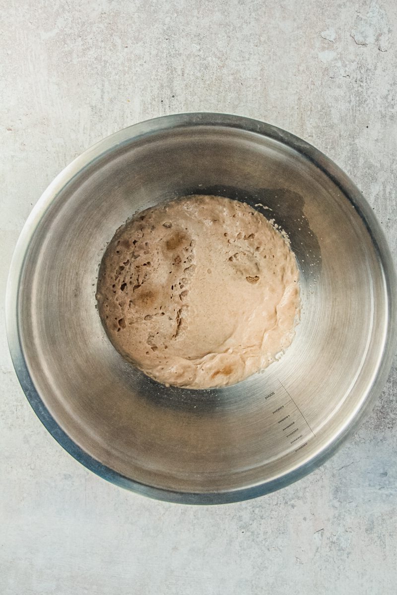 Bloomed yeast sits in a stainless steel bowl on a gray surface