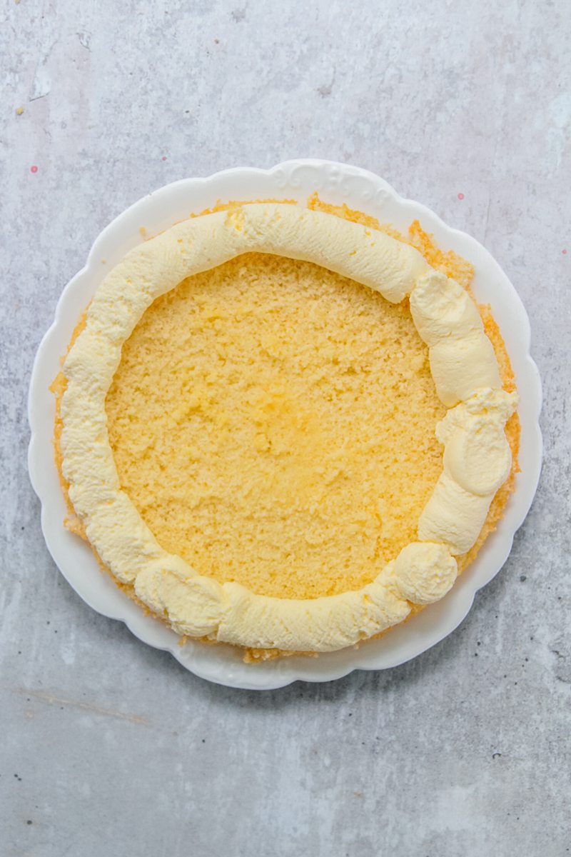 One layer of the sponge cake with a whipped cream halo sits on a white fluted ceramic plate on a gray surface.