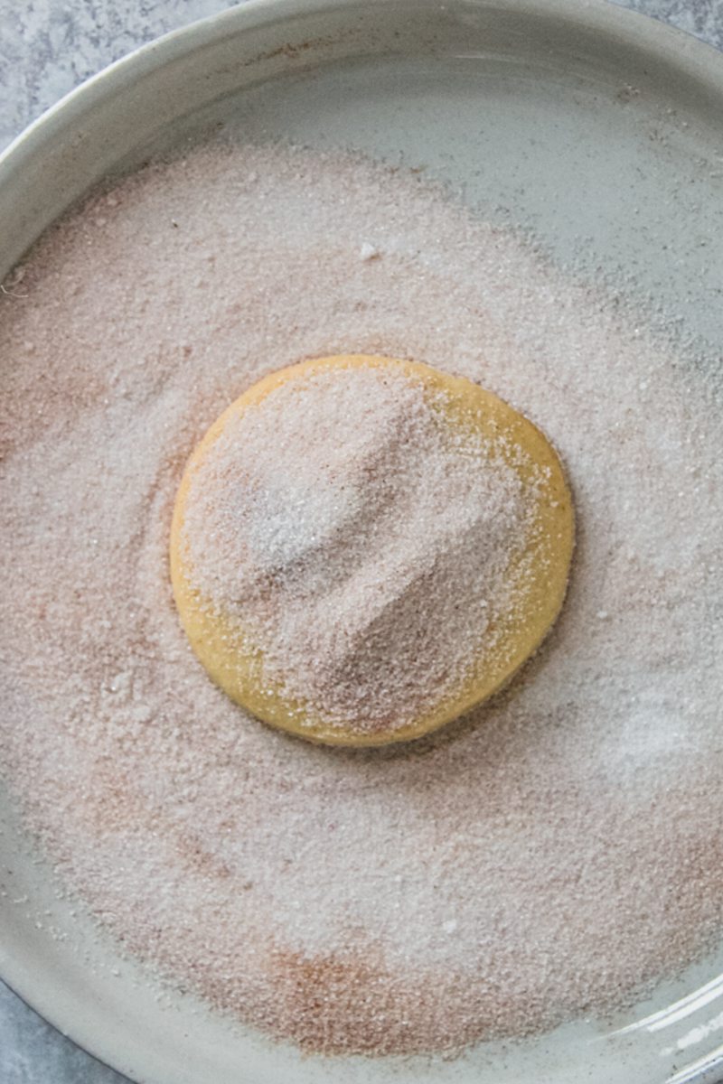 A Biscochito cookie sits in a spiced sugar mixture on a rimmed ceramic plate on a gray surface.