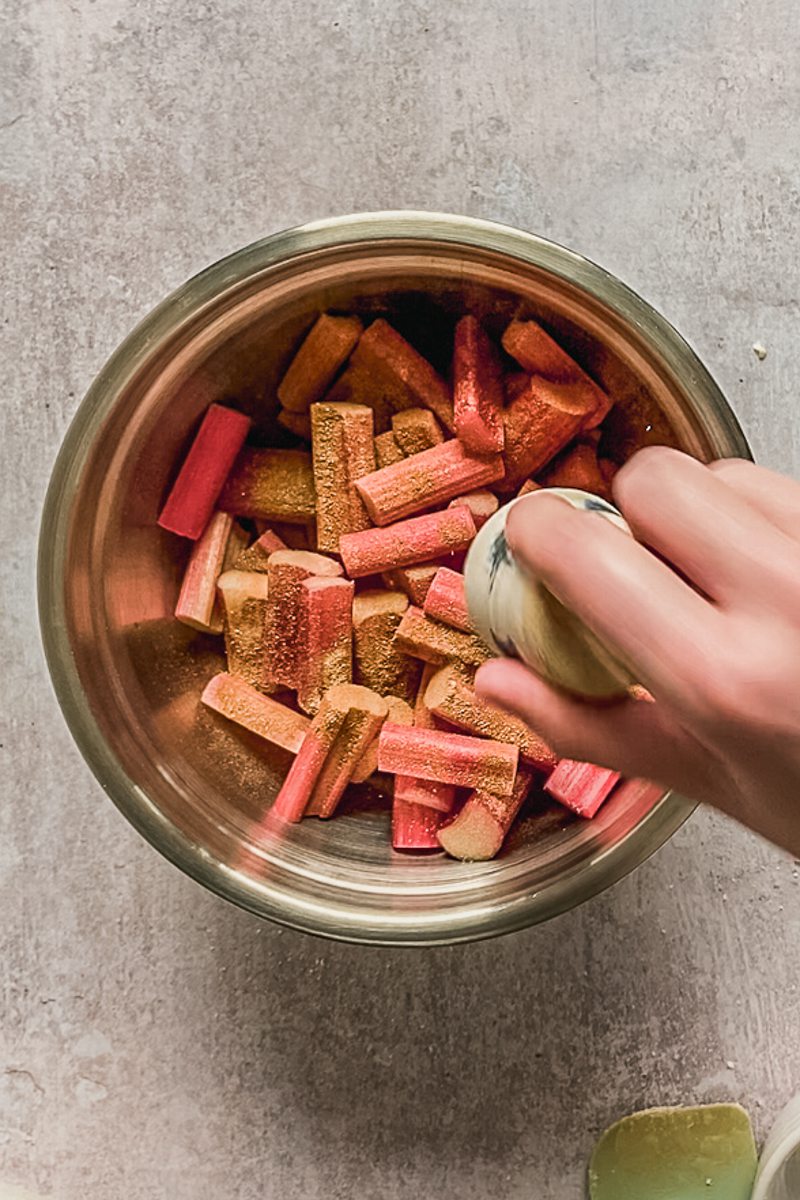 Spices are tossed over rhubarb in a stainless steel bowl on a gray surface.