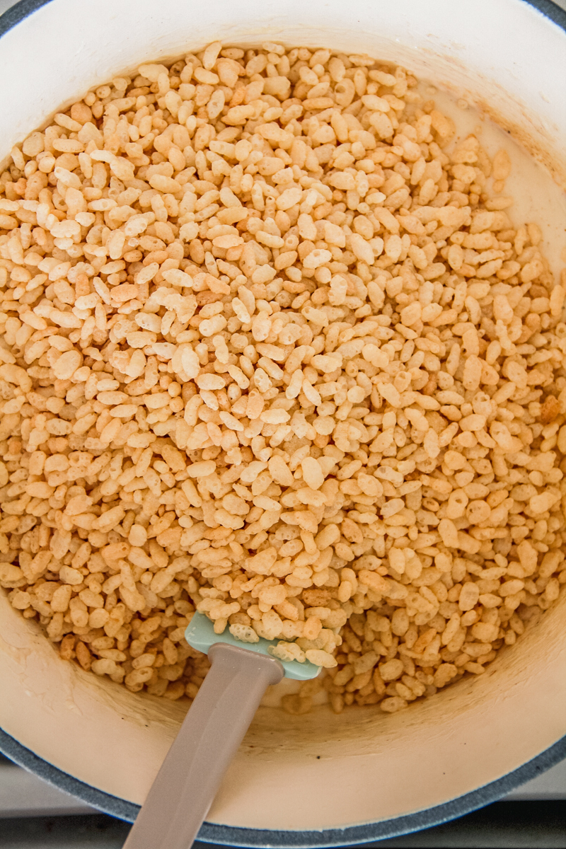 Rice krispie's sit on top of a marshmallow mixture in a Dutch oven on a cooker.