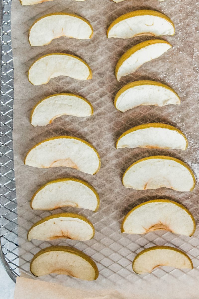 Thin slices of apple sit on. lined baking tray looking slightly dry on a gray surface.