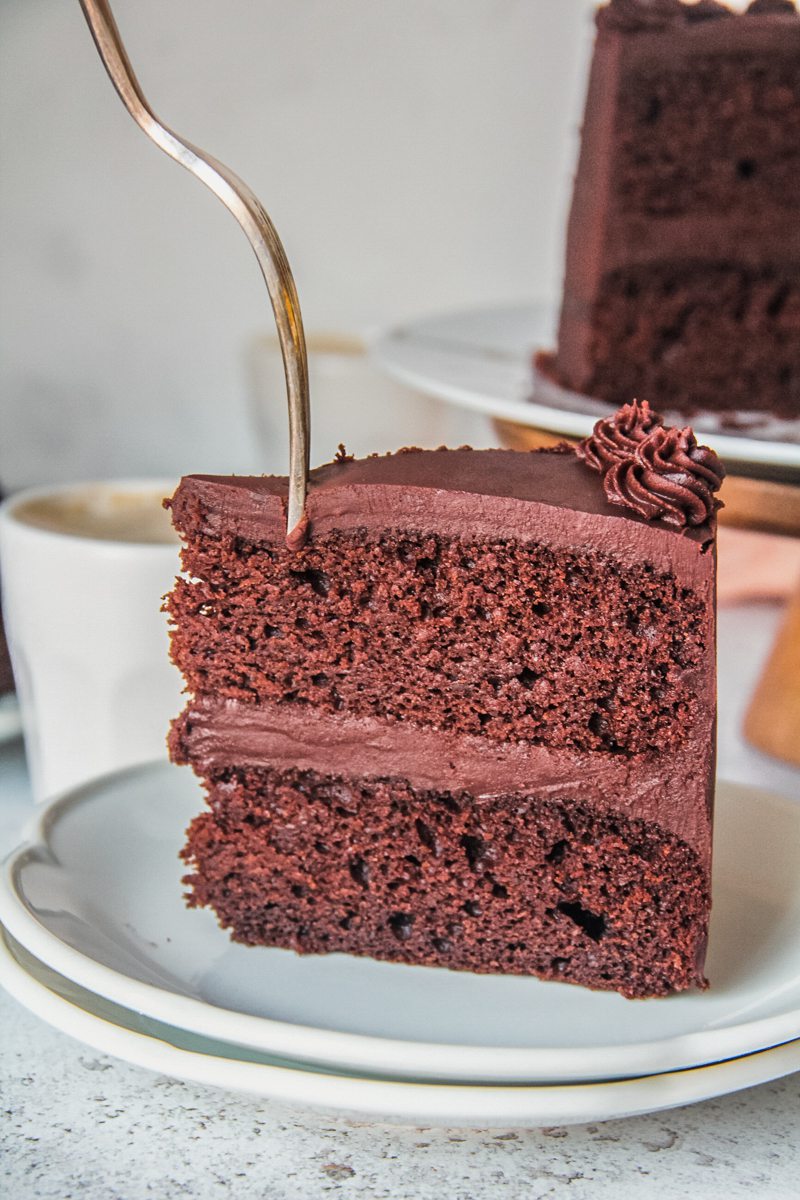 A slice of chocolate buttermilk layer cake sits on white ceramic plates on a light gray surface with a fork piercing the front of the cake.