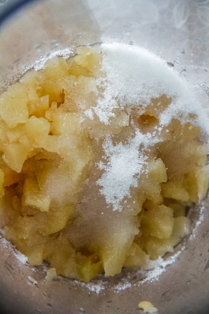 Cooked crystallized ginger and sugar sit in a blender beaker.