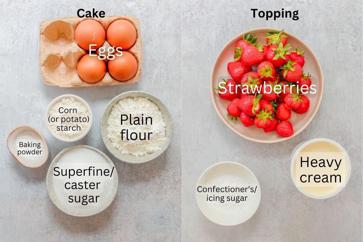 Ingredients for Jordgubbstarta - Swedish Strawberry Cake sit in a series of bowls on a gray surface.