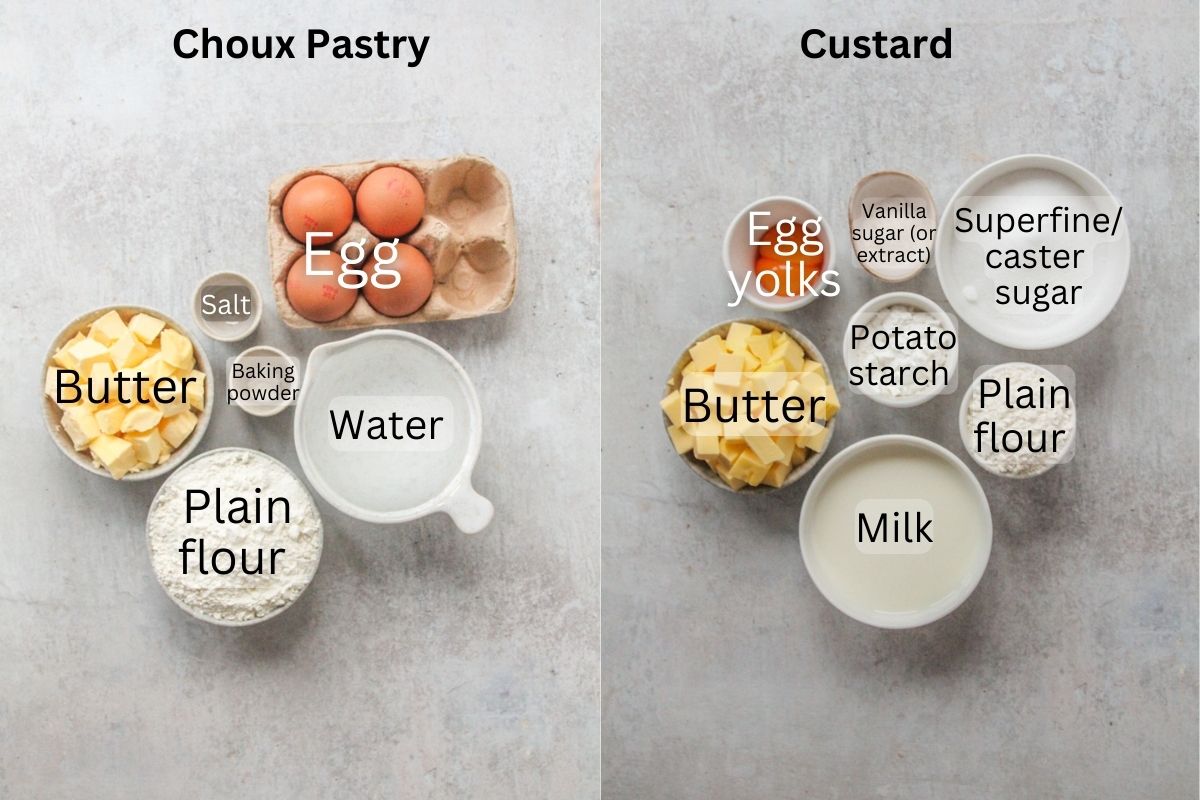 Ingredients for Karpatka sit in a series of bowls and plates on a gray surface.