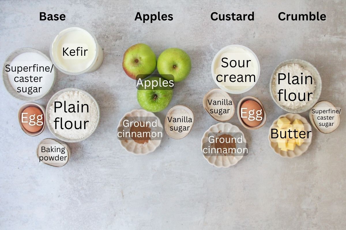 Ingredients for Latvian Apple Bars - Abolu Platsmaize sit on a gray surface.