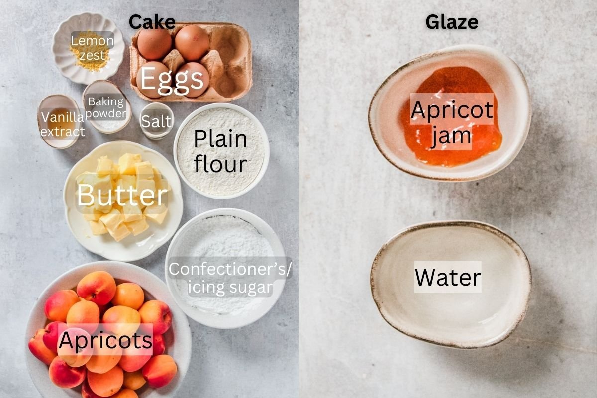 Ingredients for Marrillenkuchen - Austrian Apricot Cake sit in a variety of bowls on a gray surface.