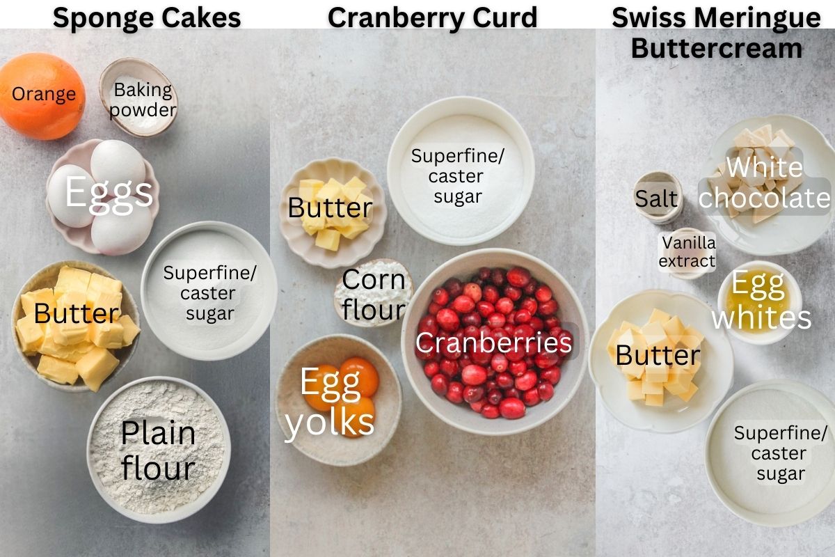 Ingredients for Orange Cranberry Layer Cake sit in a series of bowls and plates on a gray surface.