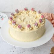 A orange cranberry layer cake sits on a white ceramic plate on a light gray surface with a coral cloth behind.