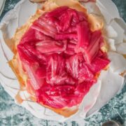 An overhead image of lightly cooked rhubarb on top of mascarpone custard on a pavlova above a speckled green and white surface.
