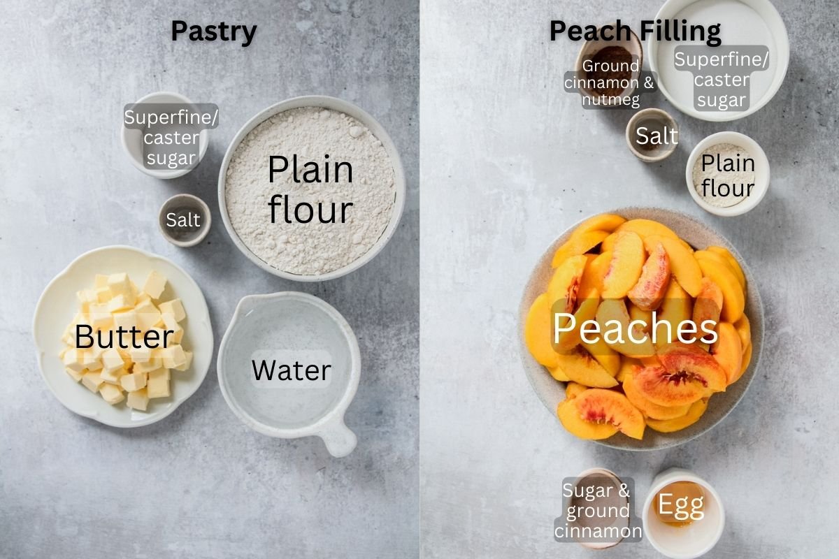 Ingredients for Peach Cobbler are laid out in a series of bowls and plates on a gray background.