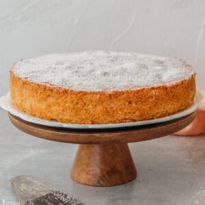A plain sponge cake sits on a cake stand above a gray surface with a sprinkle of confectioner's sugar on top.