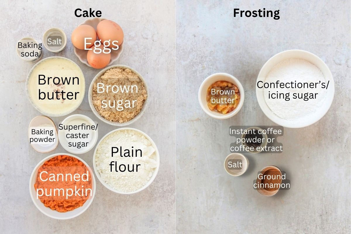 Ingredients for Pumpkin Cake with Coffee Buttercream sit on a gray surface.