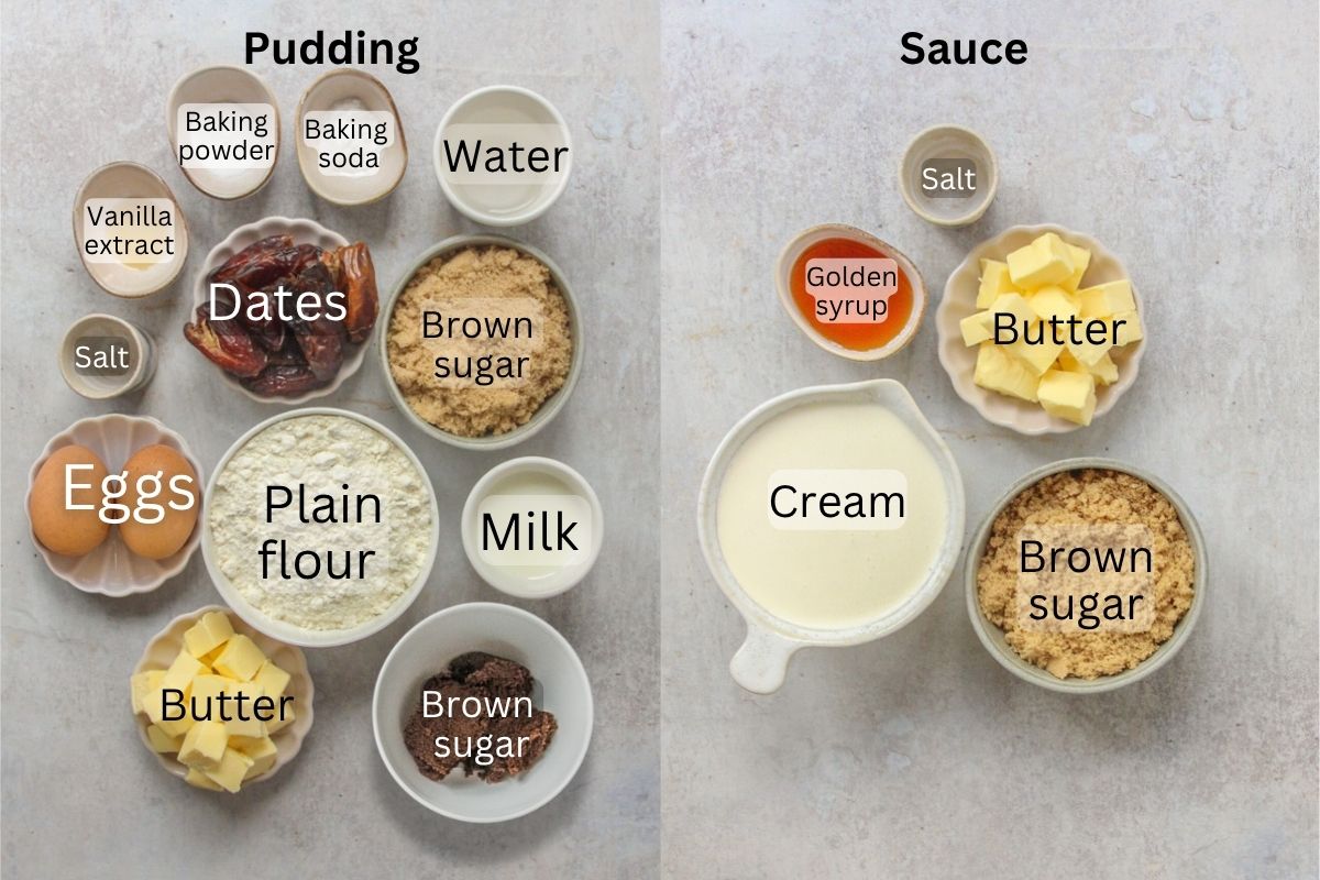 Ingredients for Sticky Toffee Pudding sit on a gray surface.