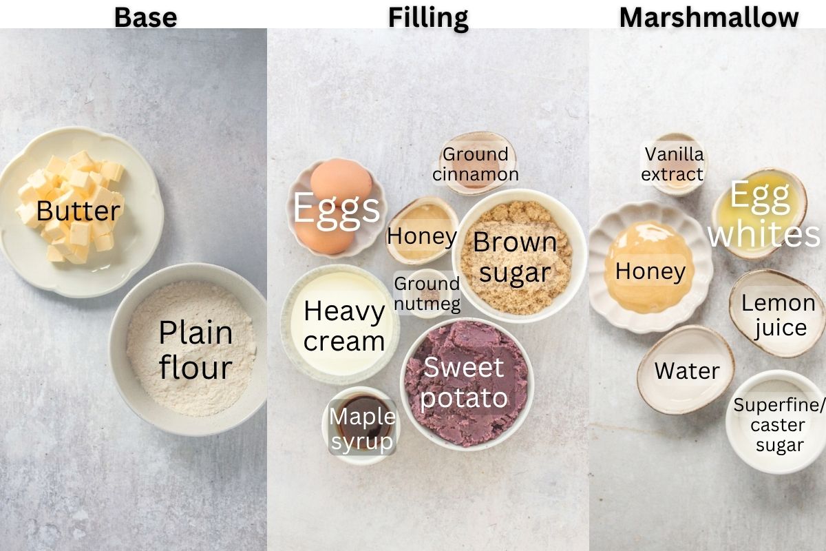 Ingredients for Sweet Potato Bars sit in a series of bowls and plates on a gray surface.