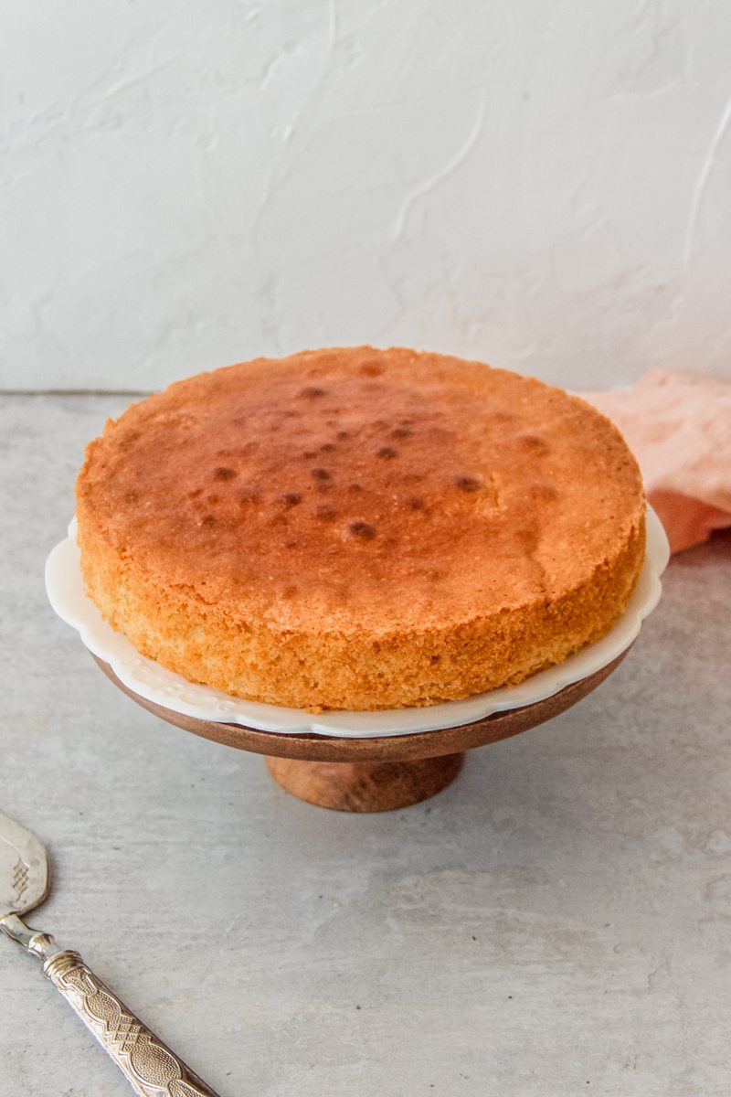 A plain sponge cake sits on a cake stand above a gray surface.