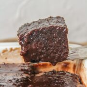 A slice of Turkish Chocolate Sauce Cake sits on a cake server above the remaining cake.