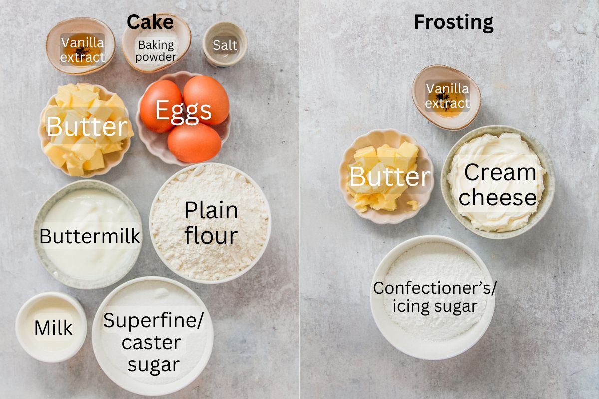 Ingredients for Vanilla Cake with Cream Cheese Frosting sit in a series of bowls on a gray surface.