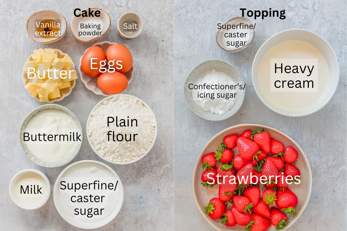 Ingredients for Vanilla Strawberry Cake sit in a series of bowls on a gray surface.