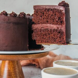 A slice of chocolate buttermilk layer cake sits on a cake server from a cake stand on a light gray surface.