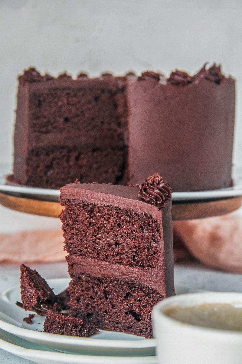 A slice of chocolate buttermilk layer cake sits on white ceramic plates with the remaining cake on a cake stand behind.