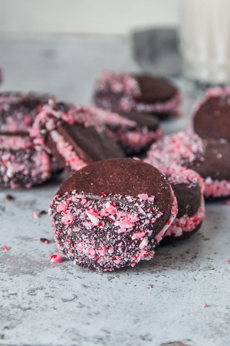 A chocolate peppermint sandwich cookie decorated with crushed candy canes rests on another cookie on a light gray surface.