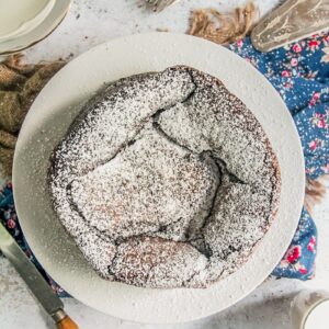 Flourless chocolate cake sits on a white ceramic plate topped with a sprinkle of powdered sugar above a light gray surface.