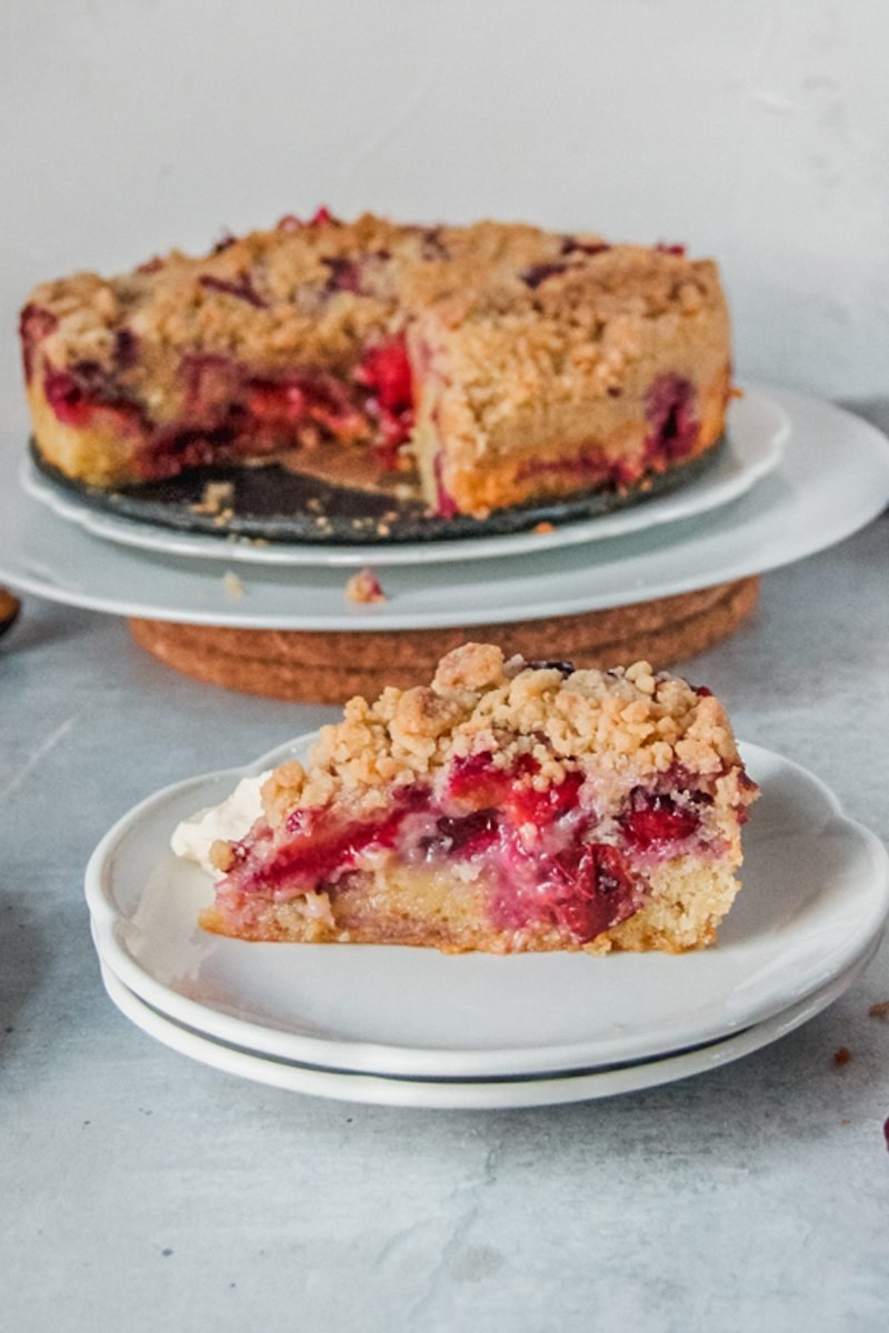 A slice of plum cake sits on two white plates with the remaining cake on white plates on a gray surface.