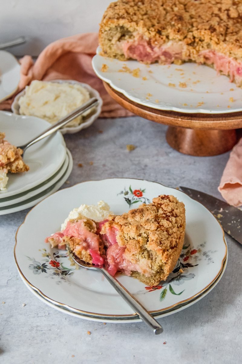 A slice of Icelandic Happy Marriage Cake sits on individual serving plate on a gray surface with a spoonful of the cake resting beside the slice.