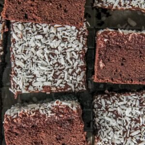 Slices of Swedish Love Cake with the sponge like cake texture and soft chocolate frosting topped with desiccated coconut sit sideways.