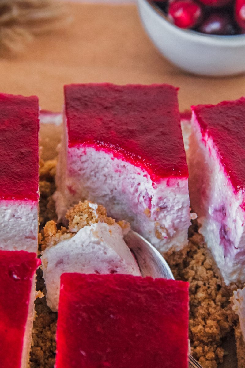 Squares of cranberry cheesecake with a crushed biscuit base, no bake filling and layer of cranberry puree sit on parchment paper with a spoonful of the cheesecake resting on a spoon beside.