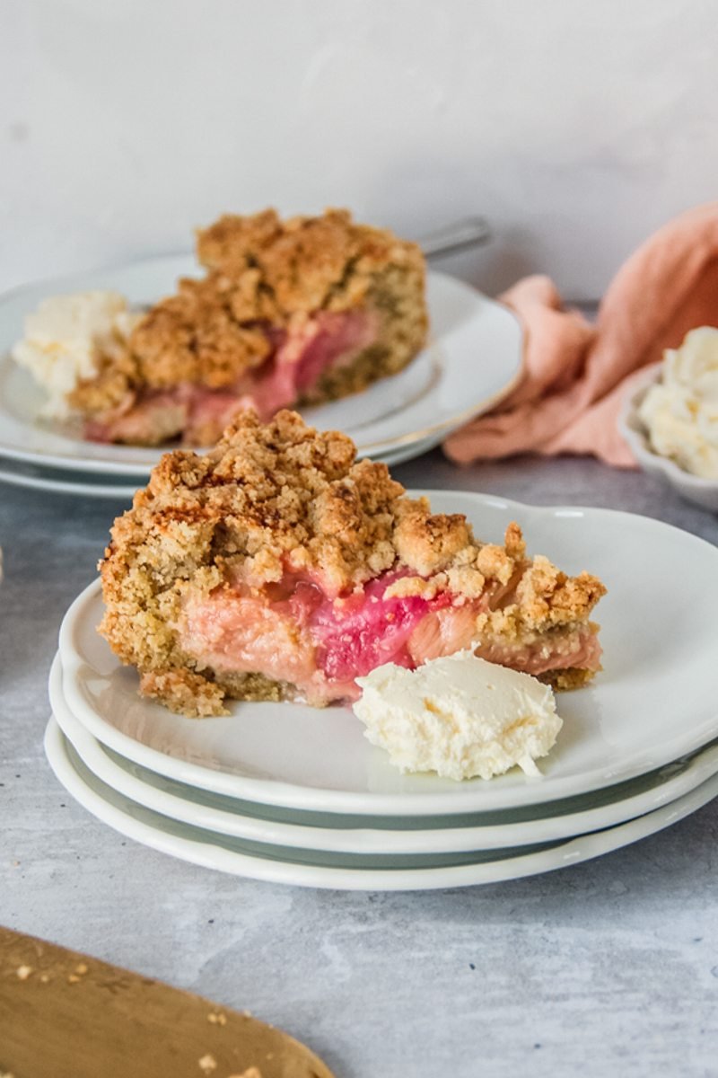 A slice of Icelandic Happy marriage rhubarb cake sits on a stack of white ceramic plates on a gray surface.