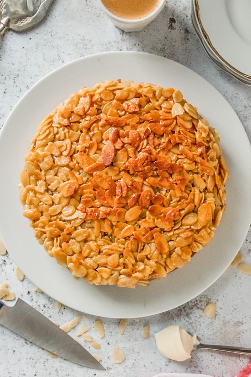 Toscakaka Cake or Swedish Almond Cake with it's caramelized topping sits on a white ceramic plate on a light gray surface.